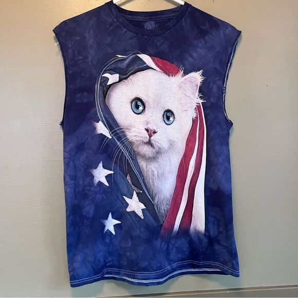 The Mountain Tops - The Mountain Sleeveless Graphic Reverse Tie Dye Patriotic Cat Flag Shirt